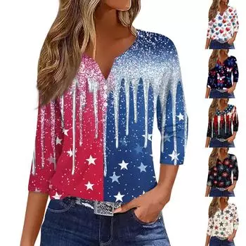 Жен. Футболка С принтом Пуговицы Рукав 3/4 Повседневные Выходные Мода Классический Классический V-образный вырез Обычный Верх M чёрный