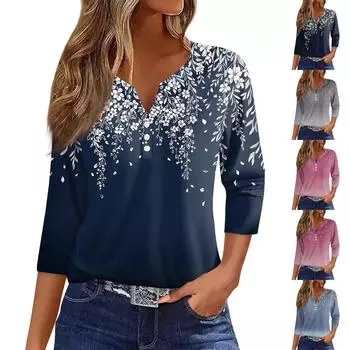 Жен. Футболка С принтом Пуговицы Рукав 3/4 Повседневные Выходные Мода Классический Классический V-образный вырез Обычный Верх L темно-синий