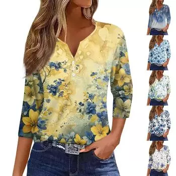 Жен. Футболка С принтом Пуговицы Рукав 3/4 Повседневные Выходные Мода Классический Классический V-образный вырез Обычный Верх XXXL синий