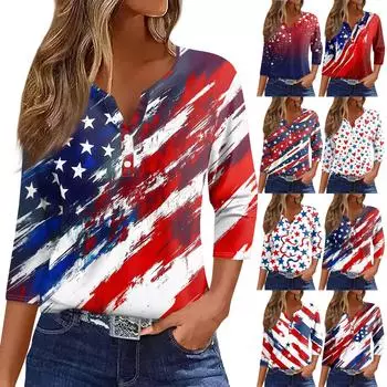 Жен. Футболка С принтом Пуговицы Рукав 3/4 Повседневные Выходные Мода Классический Классический V-образный вырез Обычный Верх L темно-синий