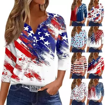 Жен. Футболка С принтом Пуговицы Рукав 3/4 Повседневные Выходные Мода Классический Классический V-образный вырез Обычный Верх XL красный