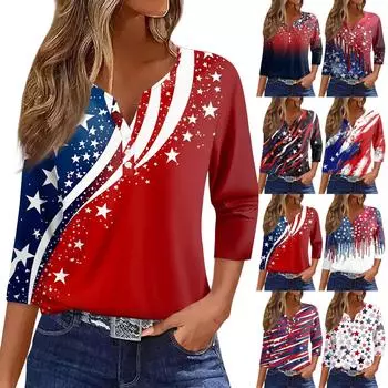 Жен. Футболка С принтом Пуговицы Рукав 3/4 Повседневные Выходные Мода Классический Классический V-образный вырез Обычный Верх XXXL синий