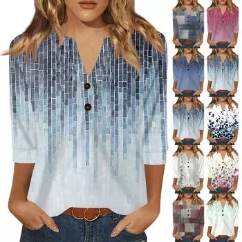 Жен. Футболка С принтом Пуговицы Рукав 3/4 Повседневные Выходные Мода Классический Классический V-образный вырез Обычный Верх S