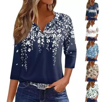 Жен. Футболка С принтом Пуговицы Рукав 3/4 Повседневные Выходные Мода Классический Классический V-образный вырез Обычный Верх L синий