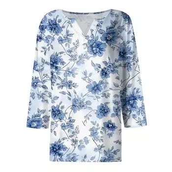 Жен. Футболка С принтом Пуговицы Рукав 3/4 Повседневные Выходные Мода Классический Классический V-образный вырез Обычный Верх S синий