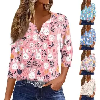 Жен. Футболка С принтом Пуговицы Рукав 3/4 Повседневные Выходные Мода Классический Классический V-образный вырез Обычный Верх M розовый