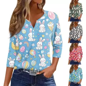 Жен. Футболка С принтом Пуговицы Рукав 3/4 Повседневные Выходные Мода Классический Классический V-образный вырез Обычный Верх M