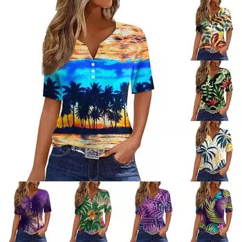 Жен. Футболка С принтом Пуговицы С короткими рукавами Повседневные Выходные Мода Классический V-образный вырез Обычный Верх XXXL синий