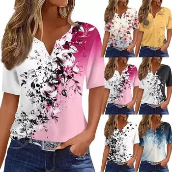 Жен. Футболка С принтом Пуговицы С короткими рукавами Повседневные Выходные Мода Классический V-образный вырез Обычный Верх L тёмно-синий