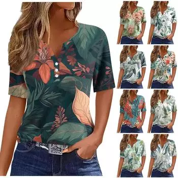 Жен. Футболка С принтом Пуговицы С короткими рукавами Повседневные Выходные Мода Классический Классический V-образный вырез Обычный Топ XXXL