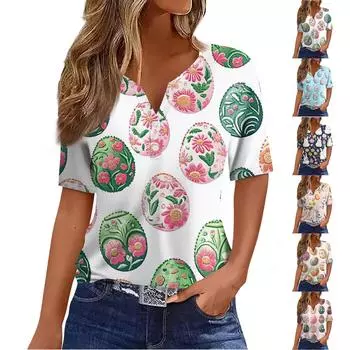 Жен. Футболка С принтом Пуговицы С короткими рукавами Повседневные Выходные Мода Классический V-образный вырез Обычный Верх L армия зеленый