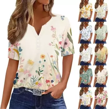 Жен. Футболка С принтом Пуговицы С короткими рукавами Повседневные Выходные Мода Классический Классический V-образный вырез Обычный Топ S розовый