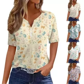 Жен. Футболка С принтом Пуговицы С короткими рукавами Повседневные Выходные Мода Классический Классический V-образный вырез Обычный Топ XL