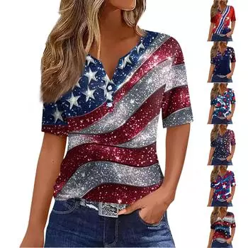 Жен. Футболка С принтом Пуговицы С короткими рукавами Повседневные Выходные Мода Классический V-образный вырез Обычный Верх M
