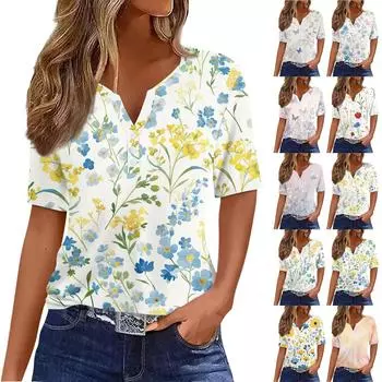 Жен. Футболка С принтом Пуговицы С короткими рукавами Повседневные Выходные Мода Классический Классический V-образный вырез Обычный Топ L синий