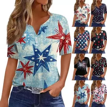 Жен. Футболка С принтом Пуговицы С короткими рукавами Повседневные Выходные Мода Классический V-образный вырез Обычный Верх M