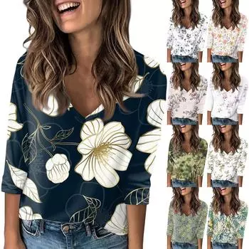 Жен. Футболка С принтом С ниспадающим рукавом до плеч Рукав 3/4 Повседневные Выходные Мода Классический V-образный вырез Обычный Топ XXL