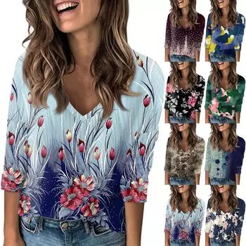 Жен. Футболка С принтом С ниспадающим рукавом до плеч Рукав 3/4 Повседневные Выходные Мода Классический V-образный вырез Обычный Топ XL розовый