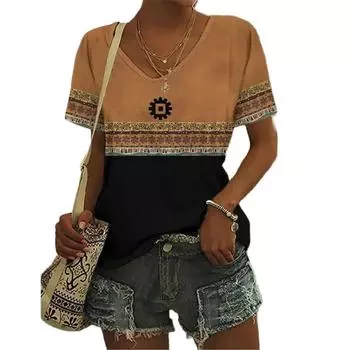 Жен. Элементы тотема Модный пуловер с 3D принтом Подходит для всех сезонов Повседневные С короткими рукавами Полиэстер Сексуальный v-образный вырез 5XL