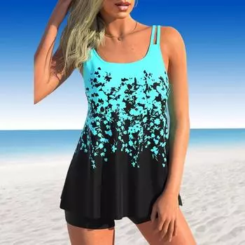 Жен. Купальники Танкини Купальник из 2 предметов Голубой сверкающий зыбучий песок с принтом Отпускные купальные костюмы S чёрный