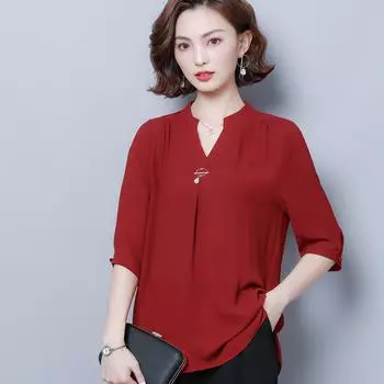 Жен. Лето с v-образным вырезом и короткими рукавами Повседневная Дышащая с коротким рукавом 5XL красный