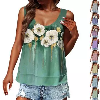 Жен. Майка Графика Абстракция Повседневный С принтом Белый Без рукавов Классический Круглый вырез L синий