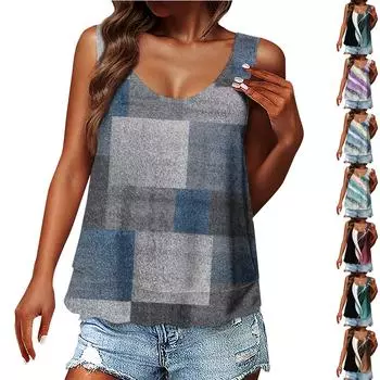 Жен. Майка Графика Абстракция Повседневный С принтом Белый Без рукавов Классический Круглый вырез L синий