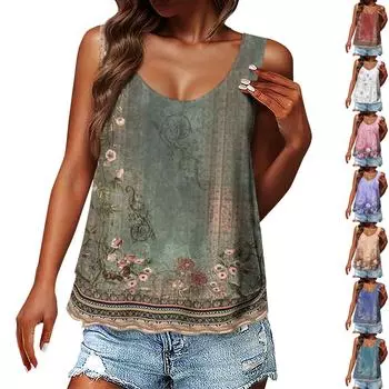 Жен. Майка Графика Абстракция Повседневный С принтом Белый Без рукавов Классический Круглый вырез L синий