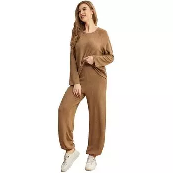 Жен. Пижамный комплект из 2 предметов для сна Круглый вырез Рубашки с длинными рукавами Брюки для бега Осень-Весна Спальный костюм Коричневый Повседневная свободная одежда S светло-коричневого