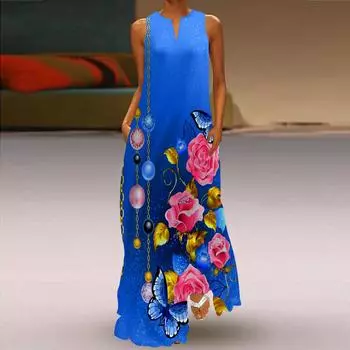 Жен. Платье А-силуэта Макси Длинное без рукавов Цепочка с шариками и принтом роз Осень/зима V-образный вырез Ретро Стиль Элегантный XS светло-синий