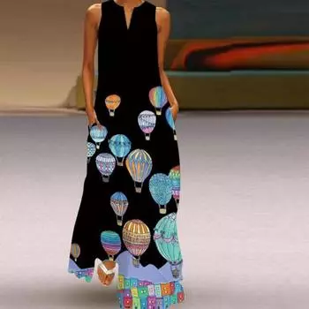Жен. Платье А-силуэта Макси Длинные без рукавов С принтом воздушных шаров Осень/зима V-образный вырез Ретро Стиль Элегантный XS жёлтый
