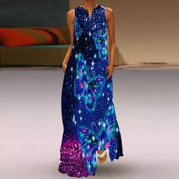 Жен. Платье А-силуэта Макси Длинные рукава Без рукавов Звездное небо С принтом бабочки Осень/зима V-образный вырез Ретро Стиль Элегантный XS синий