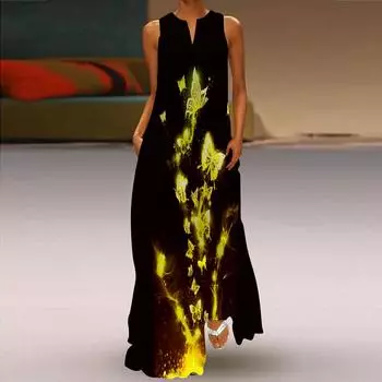 Жен. Платье А-силуэта Макси Длинные рукава Без рукавов Флуоресцентный принт бабочки Осень/зима V-образный вырез Ретро Стиль Элегантный XS красный