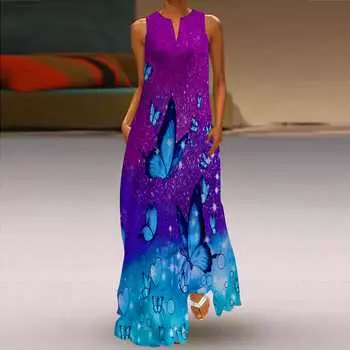 Жен. Платье А-силуэта Макси Длинные без рукавов С принтом Звездная бабочка Осень/зима V-образный вырез Ретро Стиль Элегантный XS светло-синий