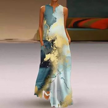 Жен. Платье А-силуэта Макси Длинные без рукавов Разноцветные с принтом Осень и зима с v-образным вырезом Ретро Стиль Элегантный XS синий