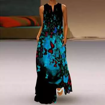 Жен. Платье А-силуэта Макси Длинные рукава Водоворот С принтом бабочки Осень/зима V-образный вырез Ретро Стиль Элегантный XS красный