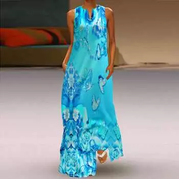 Жен. Платье А-силуэта Макси Длинные рукава Без рукавов Синяя роза С принтом Осень/зима V-образный вырез в стиле ретро и элегантный XS светло-синий