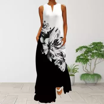 Жен. Платье А-силуэта Макси Длинные без рукавов Твин с цветочным принтом Осень/зима V-образный вырез Ретро Стиль Элегантный XS красный