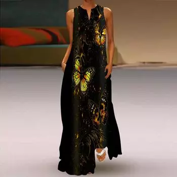 Жен. Платье А-силуэта Макси Длинный Без рукавов Желтый С принтом бабочки Осень/зима V-образный вырез Ретро Стиль Элегантный XS зелёный