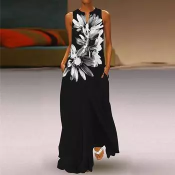 Жен. Платье А-силуэта Макси Длинный без рукавов Белый Цветочный принт Осень/зима V-образный вырез в стиле ретро, элегантный Стиль XS белый