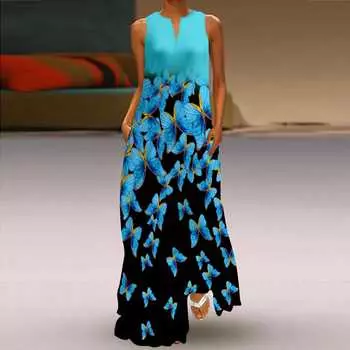 Жен. Платье А-силуэта Макси Длинный без рукавов Синий С принтом бабочки Осень/зима V-образный вырез Ретро Стиль Элегантный XS синий
