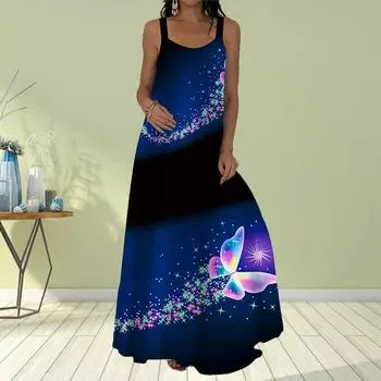 Жен. Платье-комбинация Длинное платье Темно-синий С принтом бабочки Платье Весна лето Досуг Отпуск XS синий