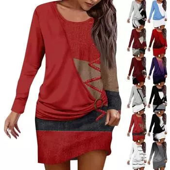 Жен. Платье Толстовка Платье С принтом Мода Свободный вырез с круглым вырезом Искусственный комплект из двух частей Лоскутная одежда Уличная одежда На открытом воздухе Повседневные Платье с длинным рукавом L