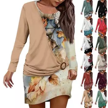 Жен. Платье Толстовка Платье С принтом Мода Свободный вырез с круглым вырезом Искусственный комплект из двух частей Лоскутная одежда Уличная одежда На открытом воздухе Повседневные Платье с длинным рукавом L