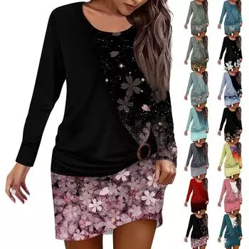 Жен. Платье Толстовка Платье С принтом Мода Свободный вырез с круглым вырезом Искусственный комплект из двух частей Лоскутная одежда Уличная одежда На открытом воздухе Повседневные Платье с длинным рукавом L