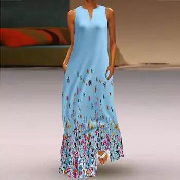 Жен. Платье-трапеция Макси Длинные рукава Без рукавов С принтом бабочки и цветов Осень/зима V-образный вырез с Элегантный стиль Ретро XS синий