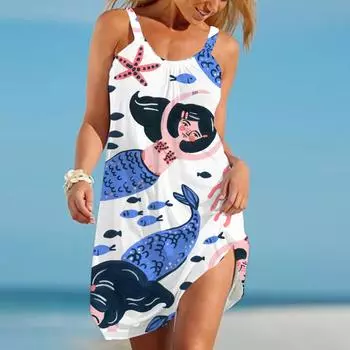 Жен. Пляжное платье Одежда для пляжа Мини-платье Темно-синий С принтом русалки На каждый день Современный Платье Без рукавов Свободный крой На открытом воздухе Повседневные Розовый Синий Лето XS оранжевый