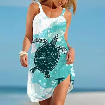 Жен. Пляжное платье Одежда для пляжа Мини-платье Синий С принтом черепахи На каждый день Современный Платье Без рукавов Свободный крой На открытом воздухе Повседневные Розовый Синий Лето XS синий