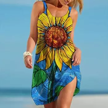 Жен. Пляжное платье Одежда для пляжа Мини-платье Синий С принтом подсолнечника На каждый день Современный Платье Без рукавов Свободный крой На открытом воздухе Повседневные Розовый Синий Лето XS оранжевый