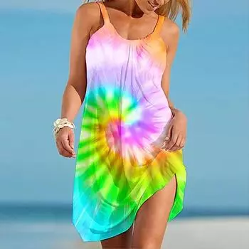 Жен. Пляжное платье Одежда для пляжа Мини-платье Лиловый Градиент Мельница С принтом На каждый день Современный Платье Без рукавов Свободный крой На открытом воздухе Повседневные Розовый Синий Лето XS оранжевый